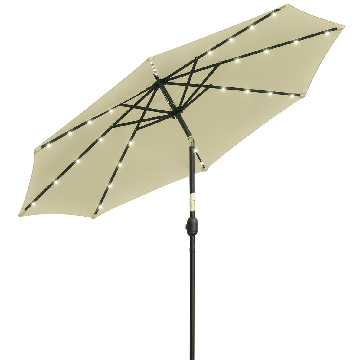 Chapéu de Sol com 32 Luzes LED Solares Ø265x233cm Chapéu de Sol Inclinável com Manivela e Mastro de Aço para Terraço Pátio Exterior Bege — foto 1