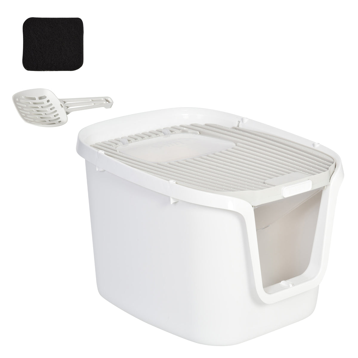 Caixa de areia para gatos com porta dupla Caixa desodorizante de carvão ativado Pá Equipada Amplo espaço 55,5x44,5x38,3 cm cinza branco — foto 1