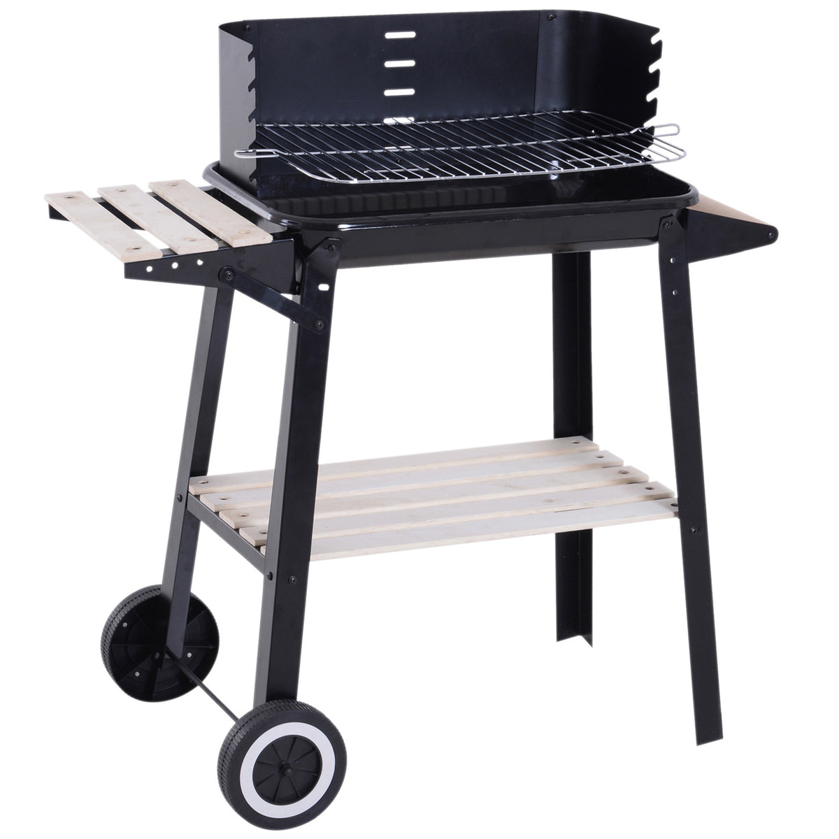 Barbecue a Carvão com Grelha Ajustável em Altura Prateleiras e Rodas para Jardim Exterior Campismo 83x45x87 cm Preto — foto 1
