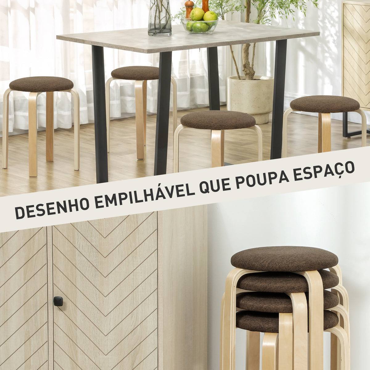 Conjunto de 4 Bancos Empilháveis Redondos Bancos Baixos de Cozinha com Assento Acolchoado para Sala de Jantar Quarto Escritório Sala Marrom e Madeira — foto 4