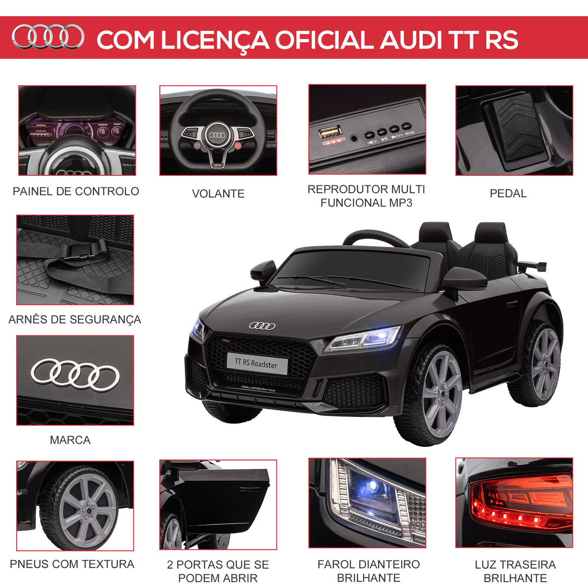 Carro Elétrico Audi TT para Crianças acima de 3 Anos com Controlo Remoto Música e Luzes Bateria 12V Abertura da Porta 102x60x44 cm Preto — foto 4