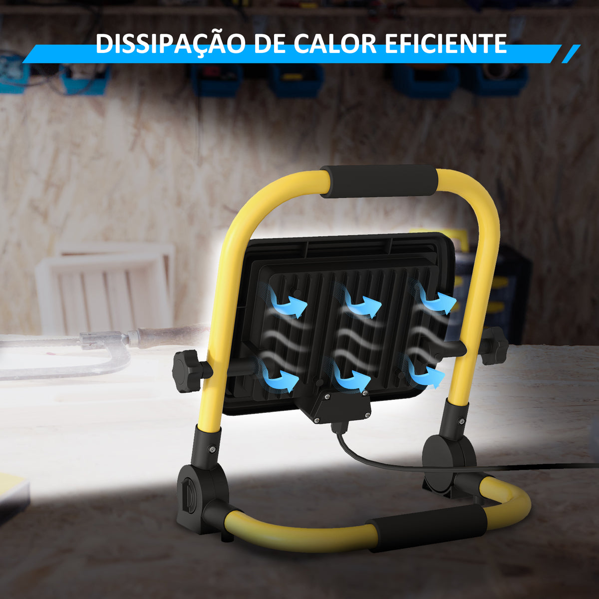 Preojetor LED Recarregável com Cabeças e Suporte Ajustáveis 50W 4250 Lúmenes IP65 6500K Reflector LED Resistente à Intemperie Portátil com Pega para Interior e Exterior Amarelo e Preto — foto 7