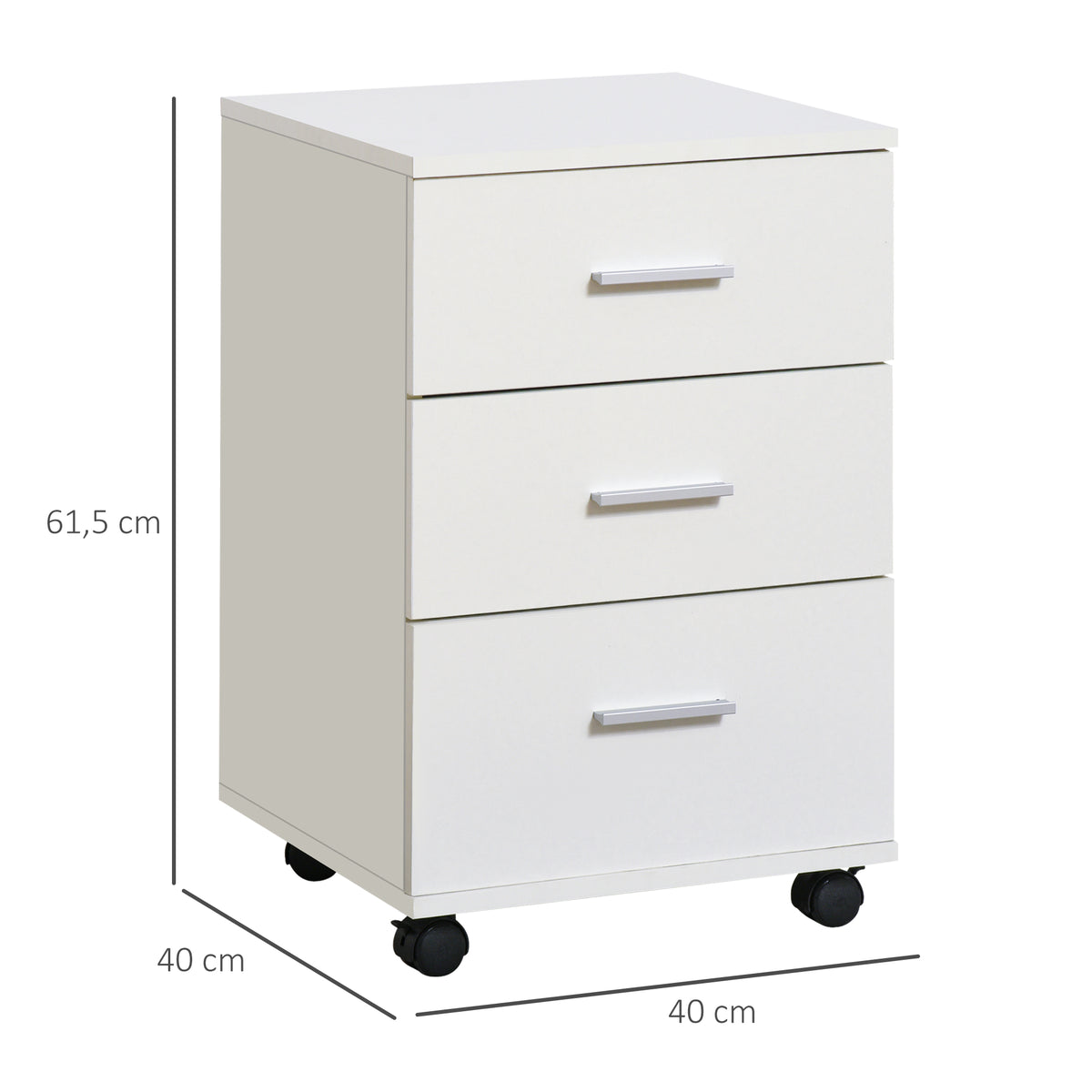 Bloco de Gavetas para Escritório Móvel de Arquivos com 3 Gavetas 4 Rodas e Fechadura com 2 Chaves para Escritório Secretária Casa 40x40x61,5 cm Branco — foto 3
