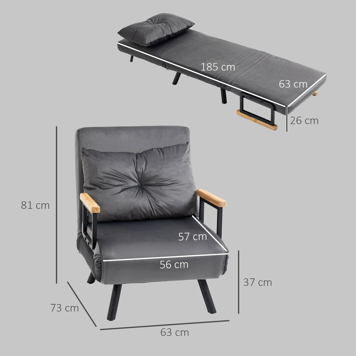 Poltrona Convertível em Cama Dobrável Poltrona 3 em 1 Convertível em Cama com Encosto Ajustável em 5 Níveis e Almofada Acolchoada para Escritório Sala de Estar Carga 120 kg 63x73x81 cm Cinza - Modelo 1 — foto 3