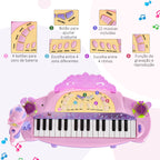 Piano Eléctrico Infantil 32 Teclas Piano Infantil com Microfone Banquinho Luzes Ritmos Sons MP3 Karaoke Modo Aprender Rosa — foto 4