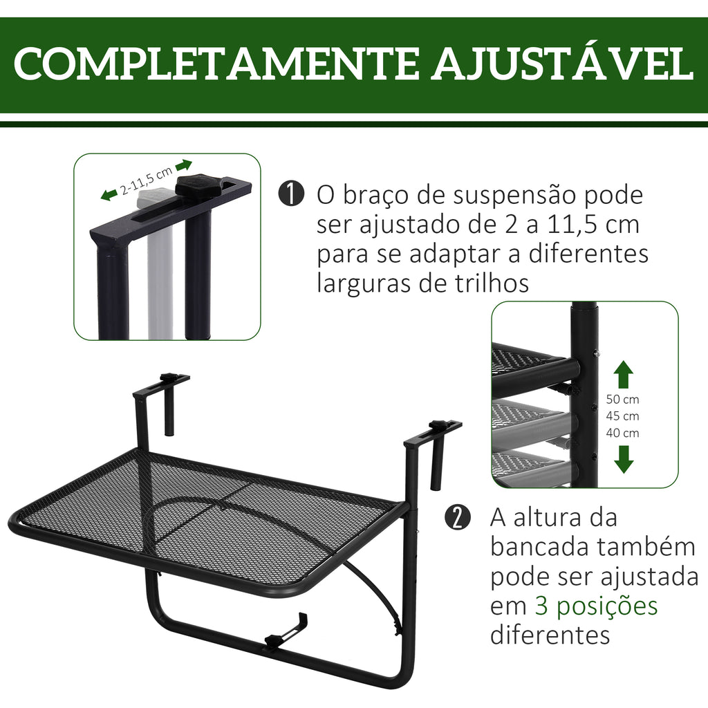 Mesa Suspensa para Varanda com Braço Regulável e Altura Ajustável em 3 Posições Estrutura de Metal Carga Máxima 30 kg 60x56,5x45 cm Preto — foto 4