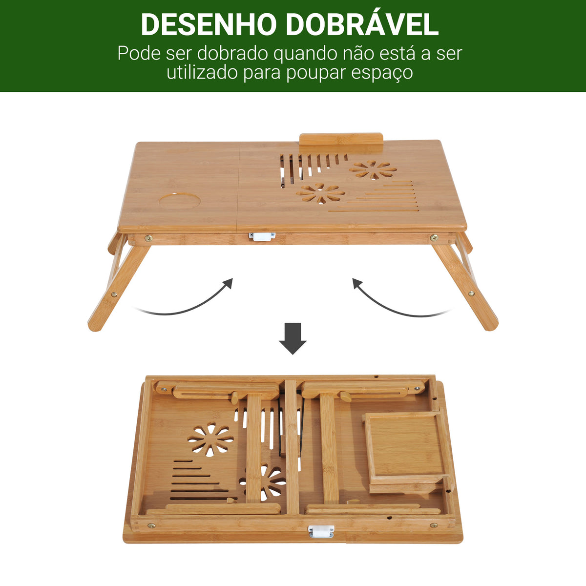 Mesa para computador portátil Bambu dobravel Altura ajustável 1 gaveta 55x35x22-30cm — foto 5