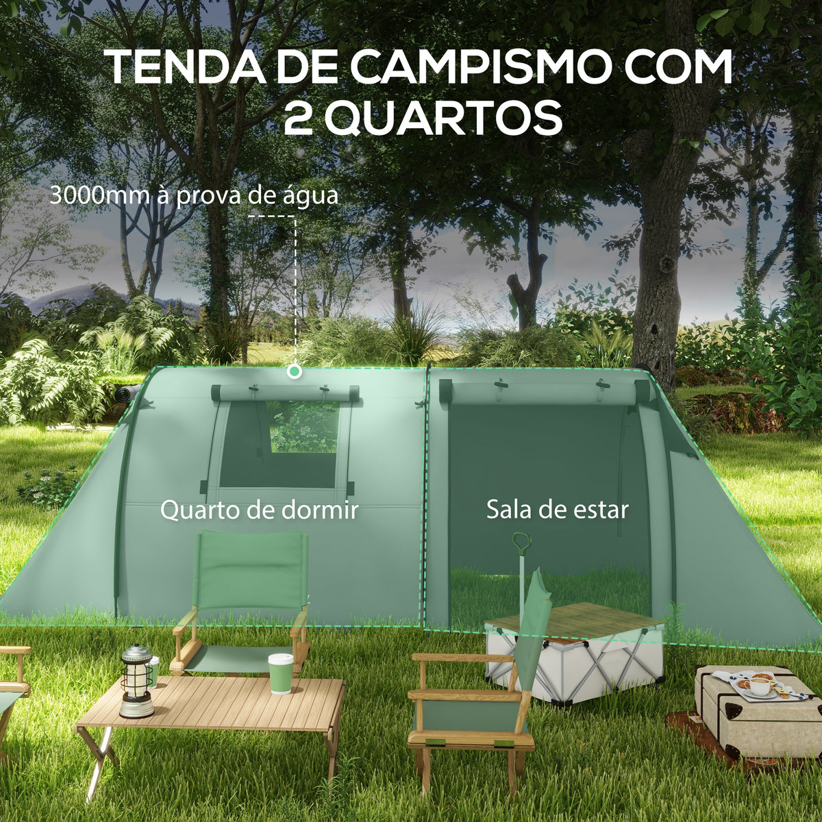 Tenda de Campismo Familiar para 3 Pessoas Tenda Campismo Dobrável Leve com Portas Janelas Gancho e Bolsa de Transporte Impermeável 3000 mm para Praia Caminhadas 470x220x150 cm Cinzento — foto 4