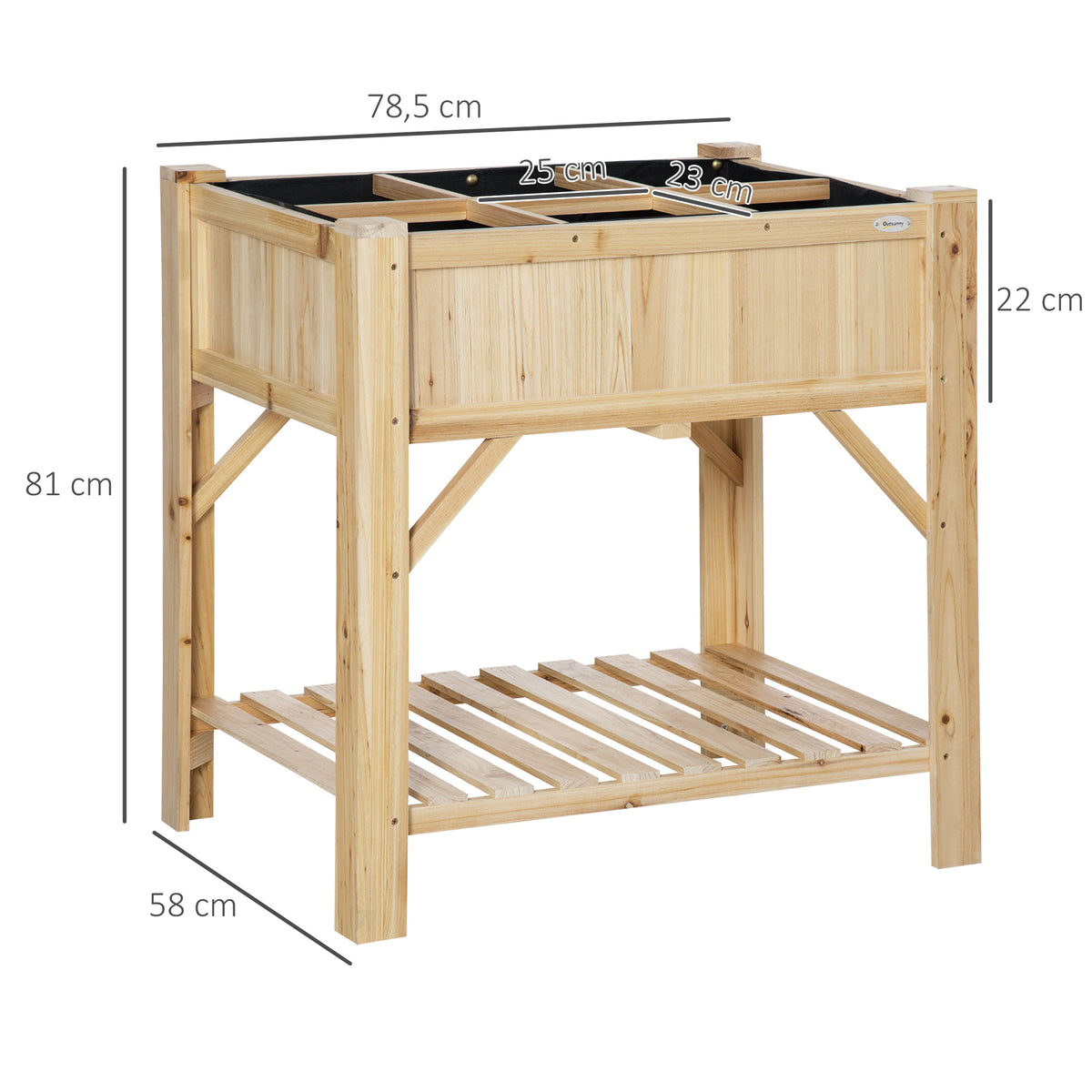 Horta Urbana de Madeira Mesa de Cultivo com 6 Compartimentos e Prateleira Inferior para Plantas e Flores em Jardim Terraço Exterior Capacidade 80 kg 78,5x58x81 cm Cor Natural — foto 3