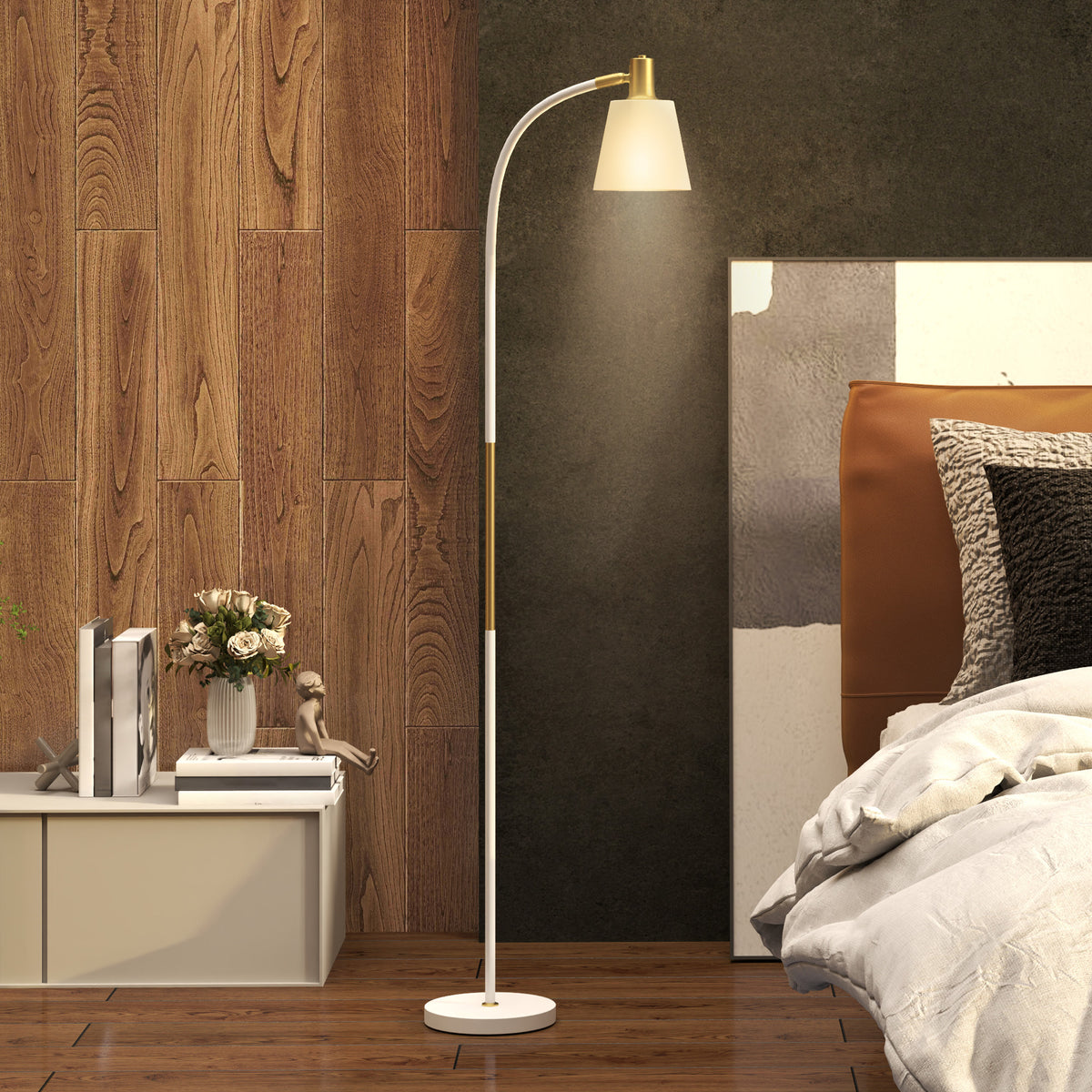 Candeeiro de Pé LED Candeeiro de Pé para Sala de Estar com Altura Ajustável Ecrã Interruptor Basculante para Sala de Estar Escritório Quarto 49x21x127-160 cm Branco e Dourado — foto 2