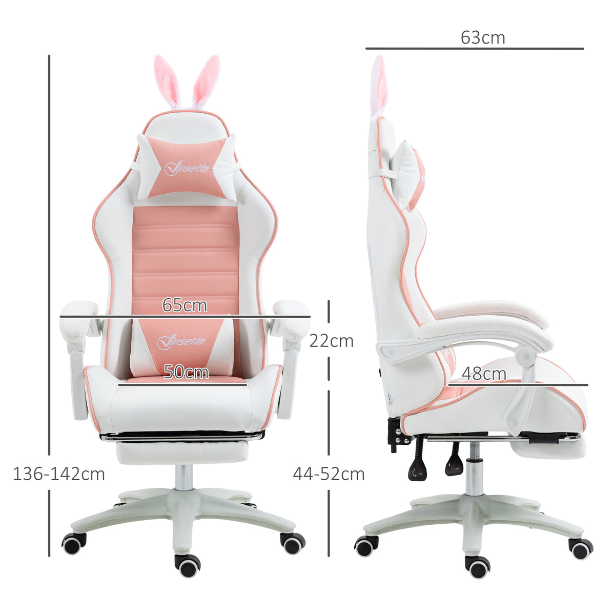Cadeira Gaming Profissional Cadeira Gamer Giratória de Couro PU com Altura Ajustável Inclinável 135° Apoio para a Cabeça e Apoio para os Pés para Escritório 65x63x136-142 cm Rosa e Preto — foto 3