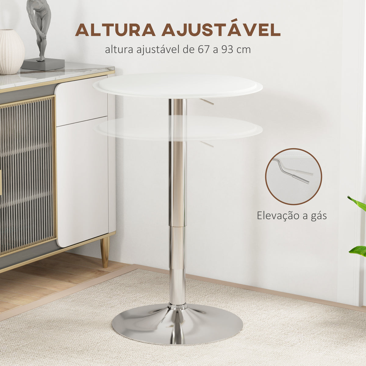 Mesa de Bar com Altura Ajustável Giratória 360° com Base Redonda Mesa Alta Moderna para Cozinha Sala de Jantar Ø63x67-93 cm Branco — foto 4