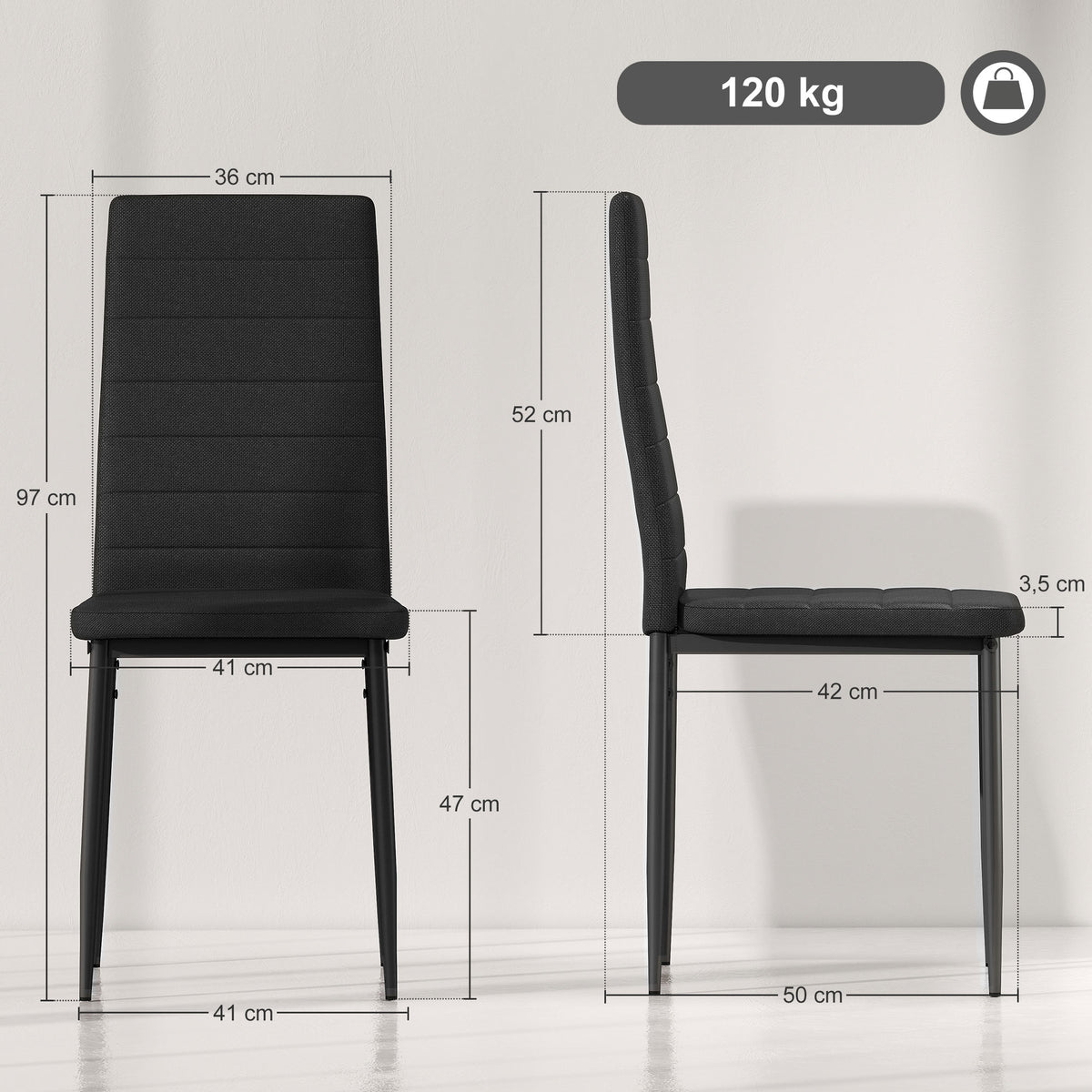 Conjunto de 6 Cadeiras de Sala de Jantar Estofadas em Linho com Pernas em Metal Cadeiras Modernas para Cozinha Quarto Suporta até 120 kg 41x50x97 cm Preto — foto 3