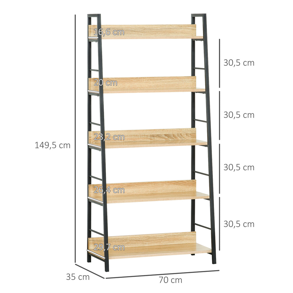 Estante de Estilo Industrial com 5 Níveis Estante de Sala de Estar para Livros com Estrutura de Metal Carga 25 kg para Escritório Estudo 70x35x149,5 cm Natural — foto 3