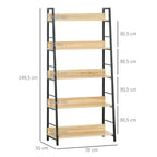 Estante de Estilo Industrial com 5 Níveis Estante de Sala de Estar para Livros com Estrutura de Metal Carga 25 kg para Escritório Estudo 70x35x149,5 cm Natural — foto 3