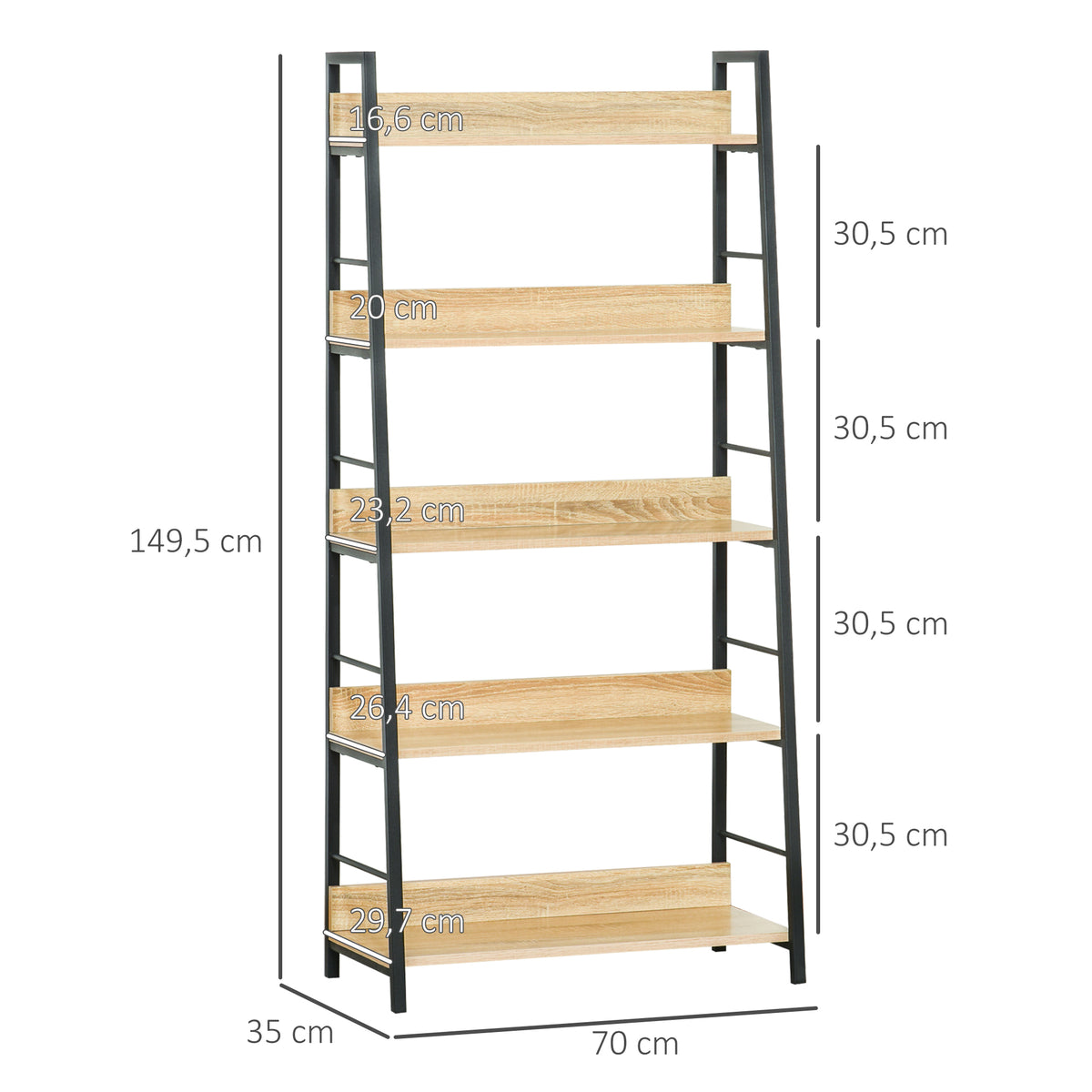 Estante de Estilo Industrial com 5 Níveis Estante de Sala de Estar para Livros com Estrutura de Metal Carga 25 kg para Escritório Estudo 70x35x149,5 cm Natural — foto 3