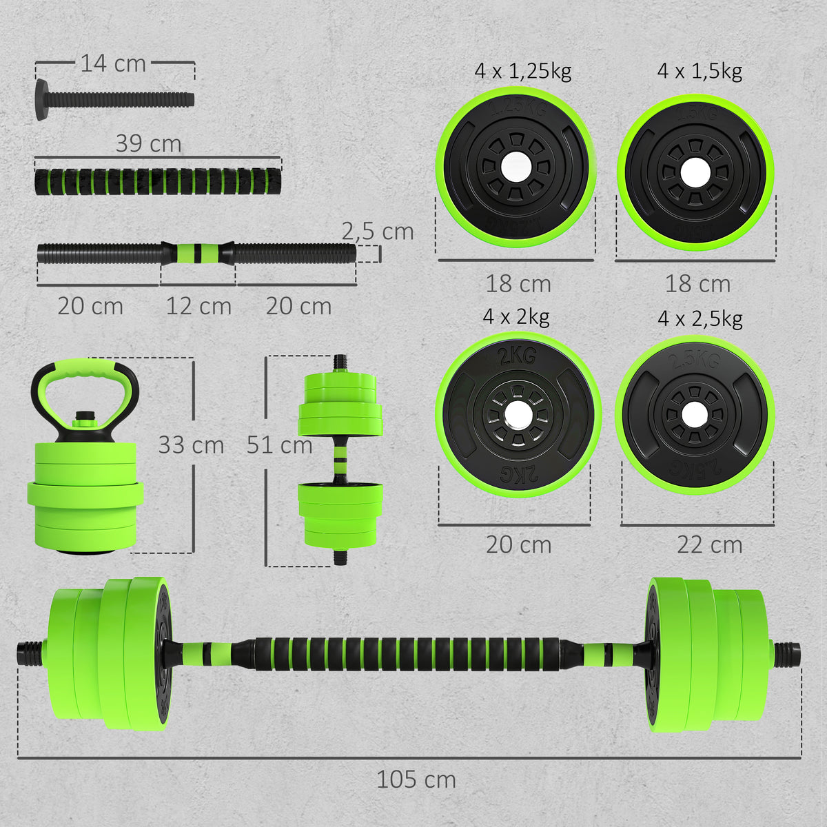Conjunto de Halteres 30 kg 4 em 1 Conjunto de Pesos com Kettlebell Barra de Pesos para Treino de Força em Casa Ginásio Escritório Verde — foto 3