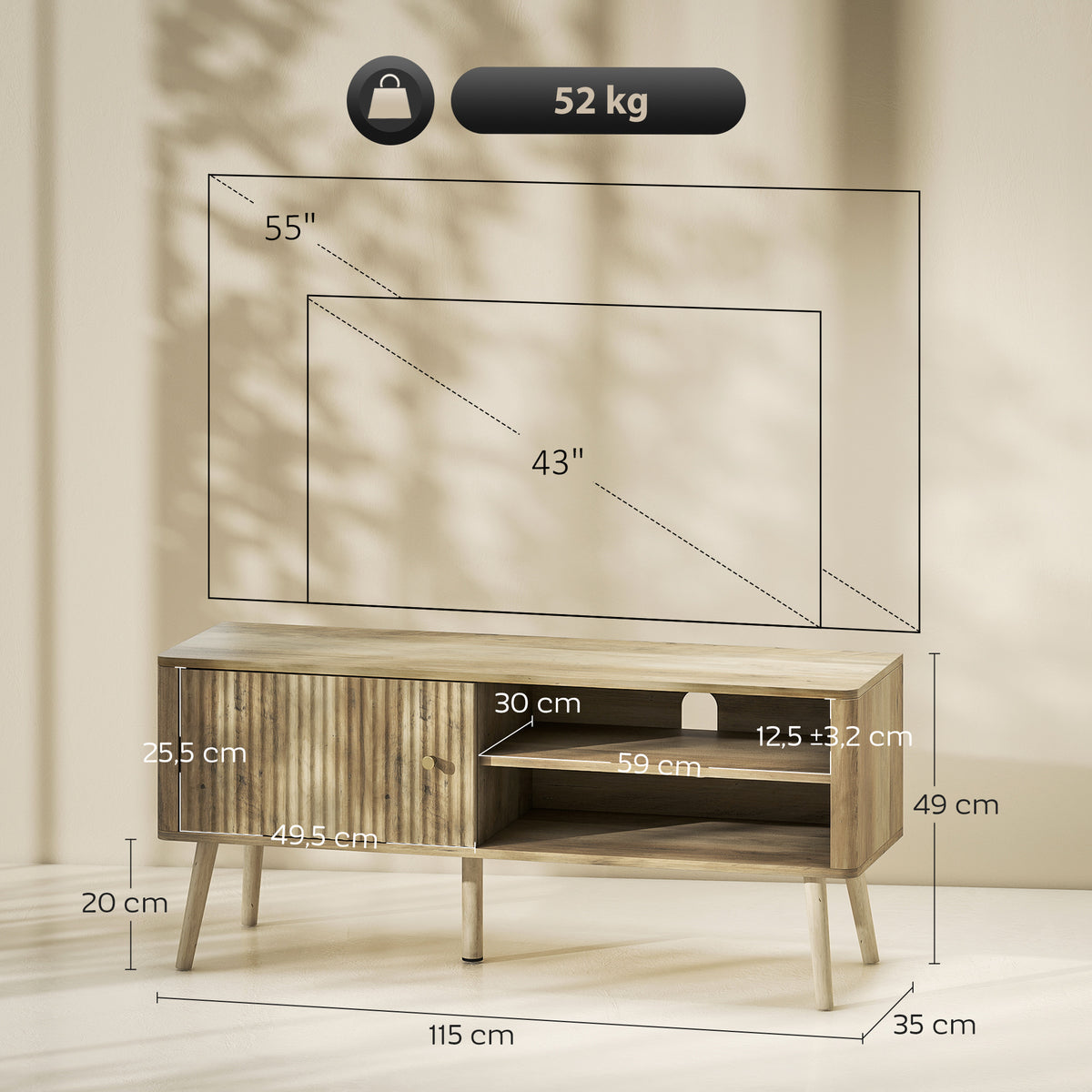 Móvel de TV Mesa de TV Móvel para Televisão até 55 Polegadas com Porta Acanalada Prateleira Ajustável Compartimentos Abertos e Orifício para Cabos para Sala de Estar 115x35x49 cm Carvalho — foto 3