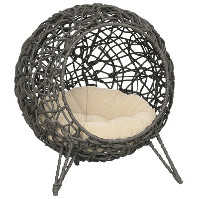 Panier pour Chats en Rotin Synthétique Grotte avec Pied Trépied Coussin en Peluche et Coton Doux Design Surélevé Ø52x58 cm Gris