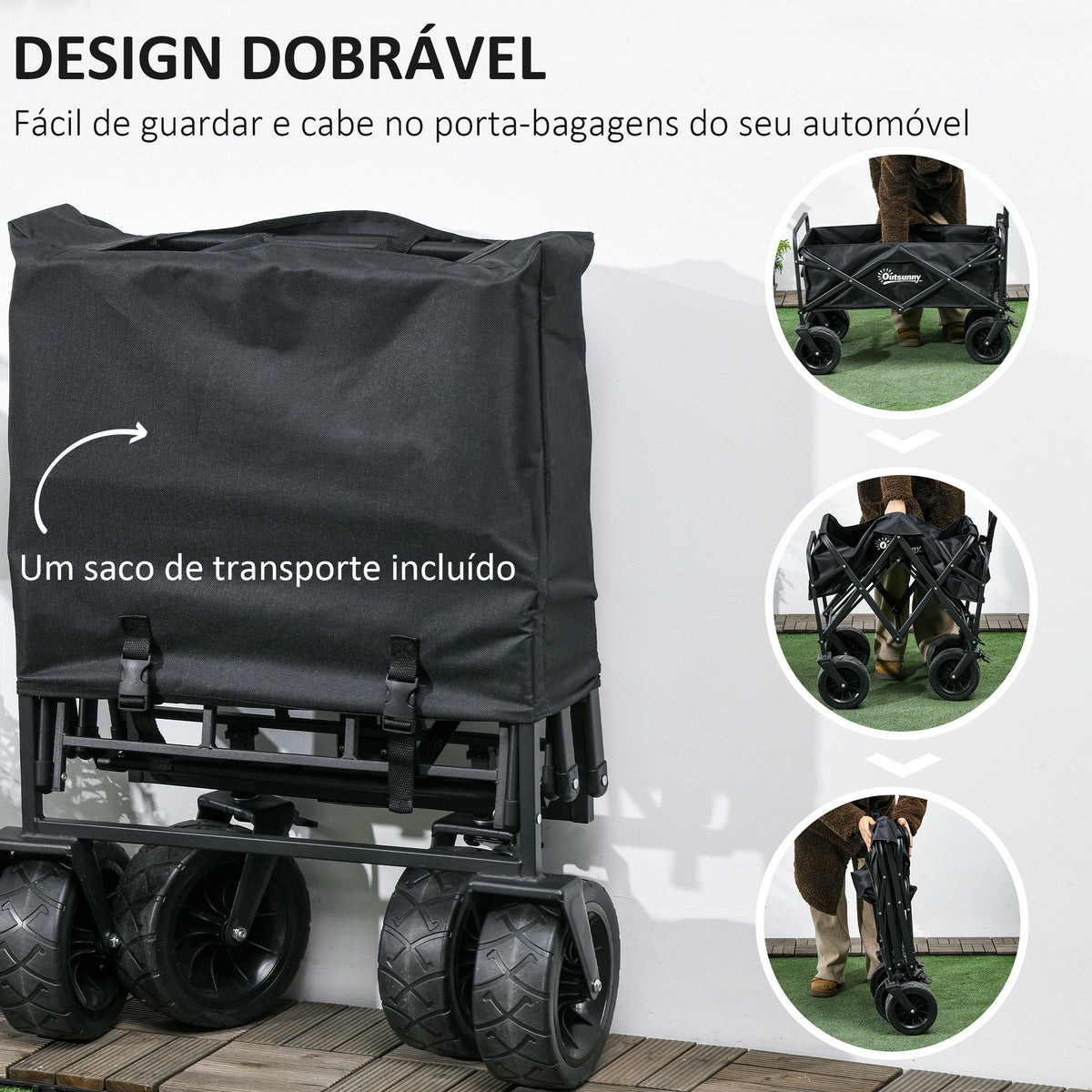 Carrinho de Transporte com Bolsa Térmica Removível Carrinho Dobrável com Alça Ajustável e Bolsa de Transporte Capacidade 100 kg para Campismo Praia 113x57x77-100 cm Preto — foto 4