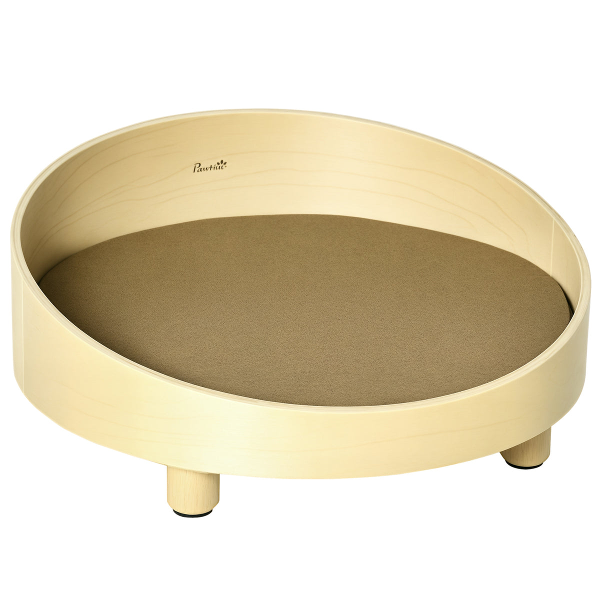 Cama de Madeira para Cães Gatos Sofá Redondo para Animais de Estimação Pequenos com Almofada Acolchoada Removível e Pés Elevados Ø59x23,5cm Natural — foto 1