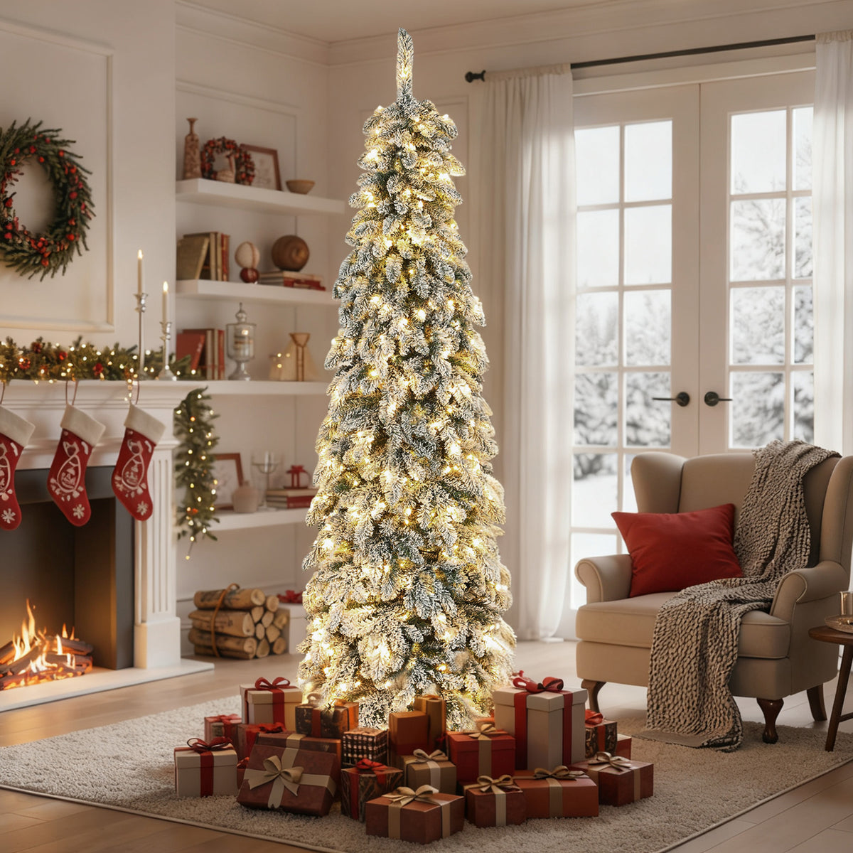 Árvore de Natal Estreita 225 cm Árvore de Natal Nevada com Luzes LED Bicolores Temporizador 11 Modos de Iluminação 800 Ramos Suporte em Aço Montagem Fácil Verde — foto 2