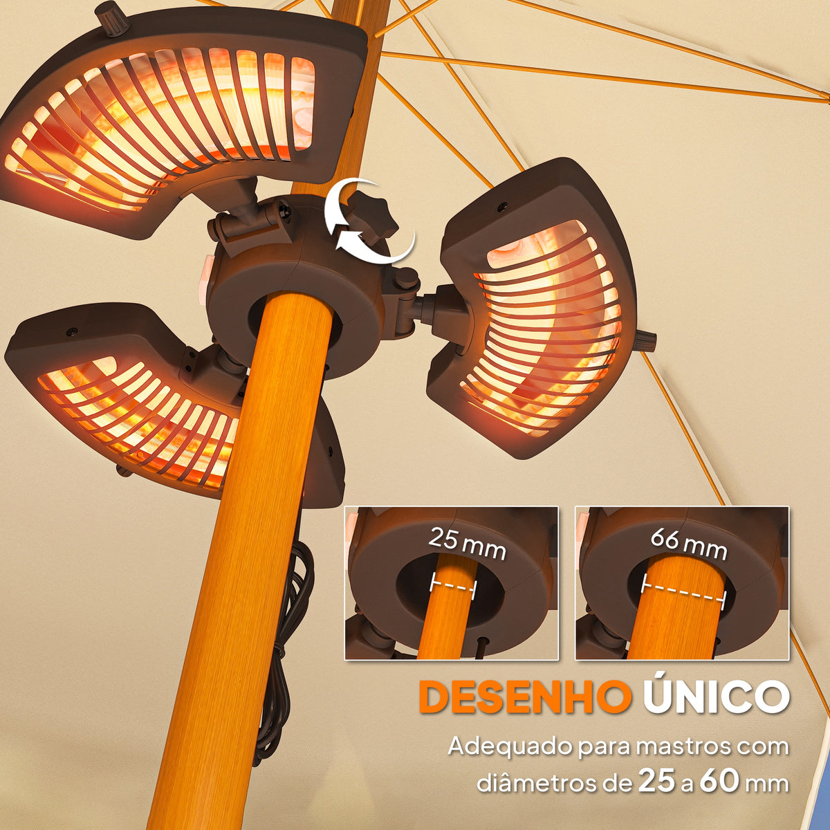 Aquecedor por Infravermelhos para Chapéu de Sol 2400W Aquecedor Exterior Elétrico de Alumínio com 3 Níveis de Aquecimento Proteção Anti-Tombo IP44 para Pátio e Jardim Ø55x8 cm Preto — foto 4