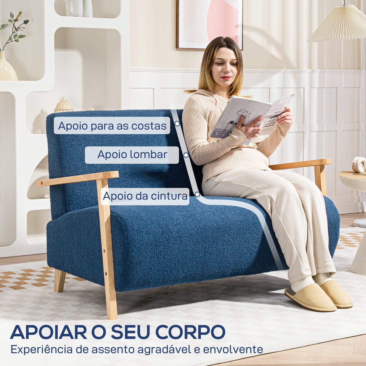 Sofá de 2 Lugares Estofado em Borreguito Sofá de Sala de Estar de 118 cm com Acolchoado Espesso Apoios de Braço e Pés de Madeira para Quarto Sala de Estar 118x76x78 cm Azul — foto 5
