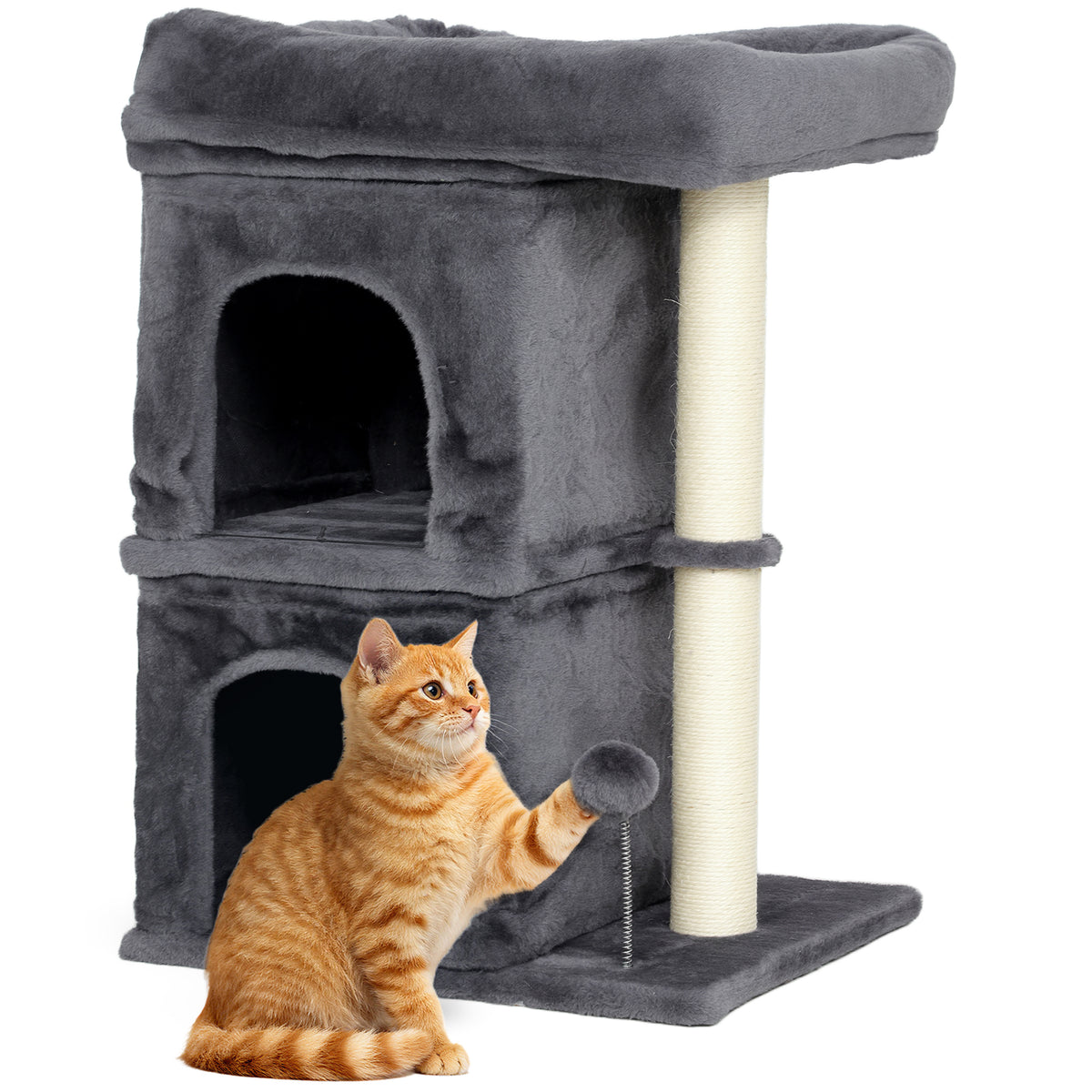 Arranhador para Gatos 66 cm Torre para Gatos com Cama 2 Cavernas Poste de Sisal e Bola para Brincar Cinzento Escuro — foto 1