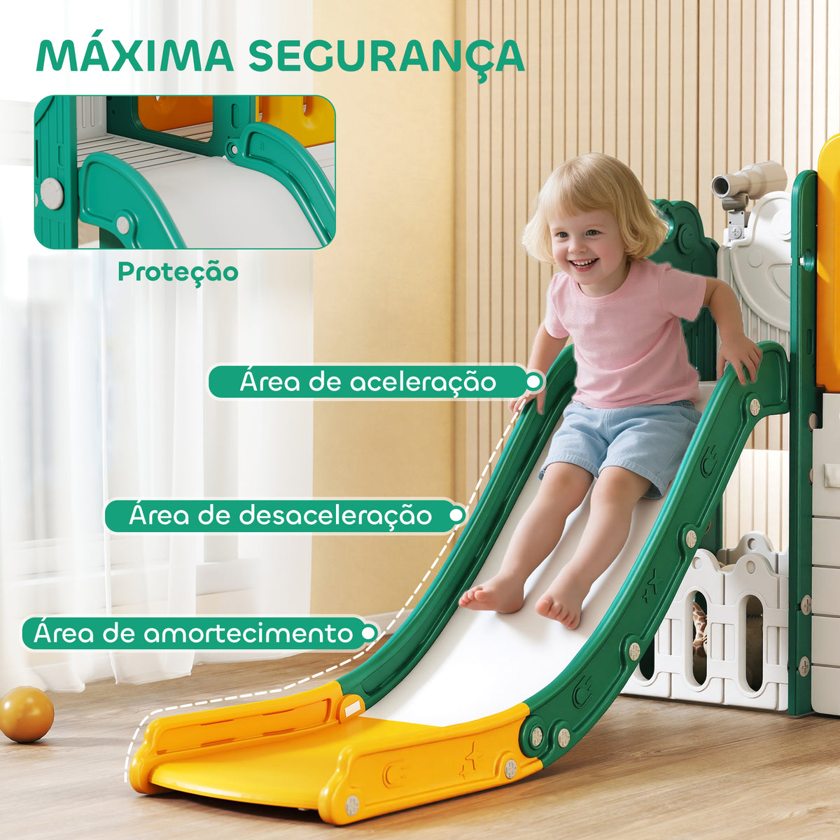 Escorrega Infantil 7 em 1 com Casinha para Crianças Escorrega com Escada Aro de Basquetebol Túnel Quadro Telescópio para Interior 189x180x111 cm Amarelo e Verde — foto 5