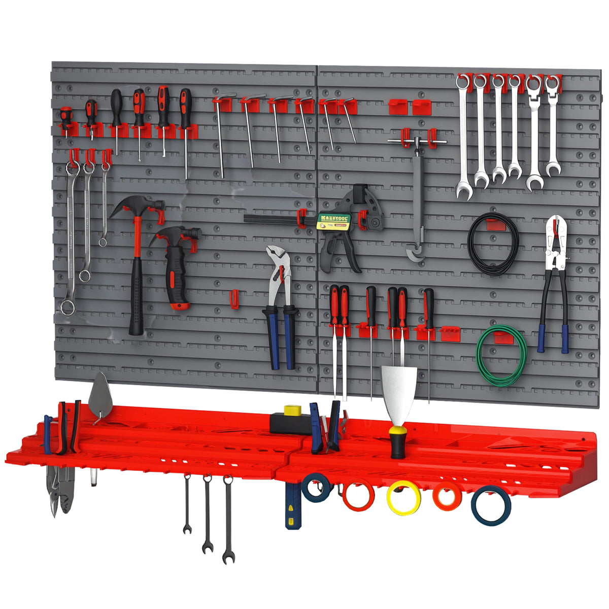 Estante de Parede com Sistema de Armazenamento 95,5x23x53,5cm Suporte para Ferramentas com 54 Peças 50 Ganchos para Oficina Garagens Vermelho e Cinza — foto 1