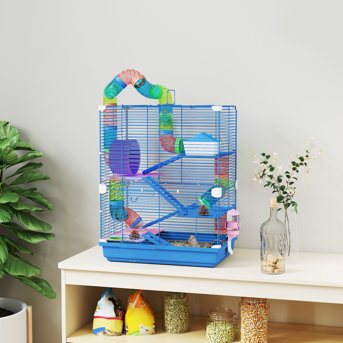- Jaula para Hamster de 5 Níveis, Casa para Roedores Pequenos com Túnel, Plataformas, Tigela, Bebedouro, Casinha, Rampas e Roda de Exercício, para Gerbos, 46x30x58 cm, Azul — foto 2