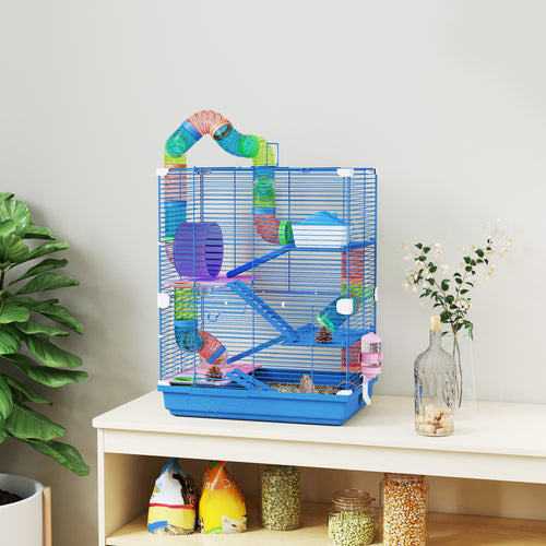- Jaula para Hamster de 5 Níveis, Casa para Roedores Pequenos com Túnel, Plataformas, Tigela, Bebedouro, Casinha, Rampas e Roda de Exercício, para Gerbos, 46x30x58 cm, Azul — foto 2
