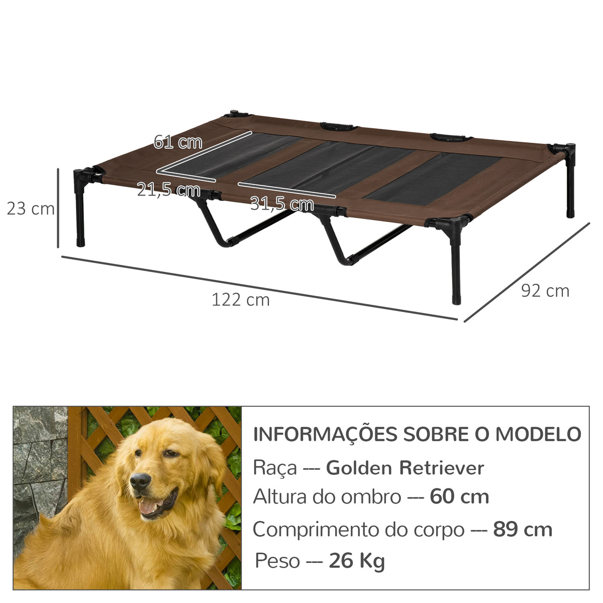 Cama para Animais de Estimação Cama Elevada para Cães Gatos com Tecido Transpirável para Dormir Relaxar Exterior Jardim Terraço 122x92x23cm Marrom — foto 3