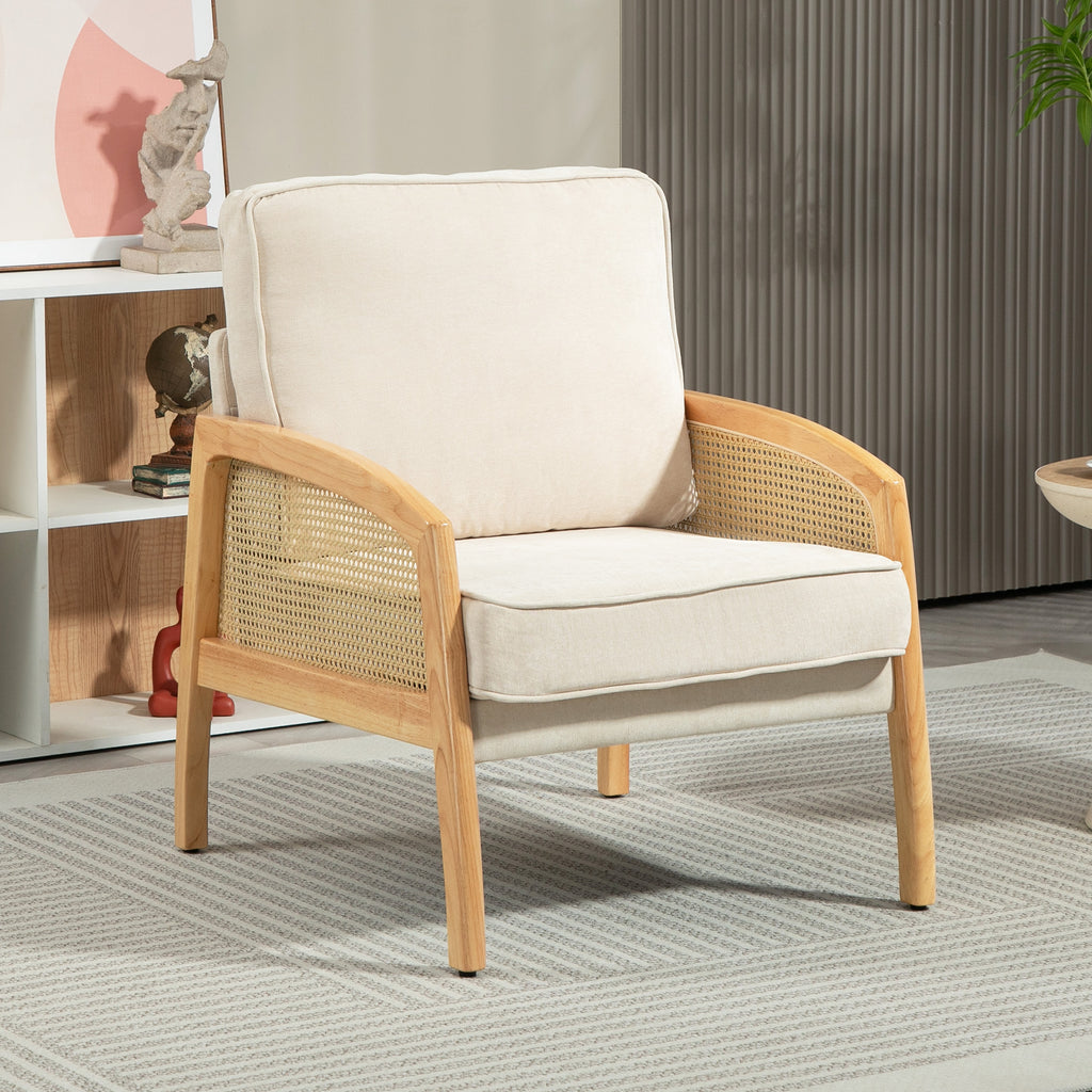 Poltrona Sala de Estar Moderna Poltrona Dormitório com Apoio para os Braços em Vime e Pés de Madeira Sofá Individual Carga 120 kg para Escritório Sala de Estar 67x75x88 cm Bege — foto 2