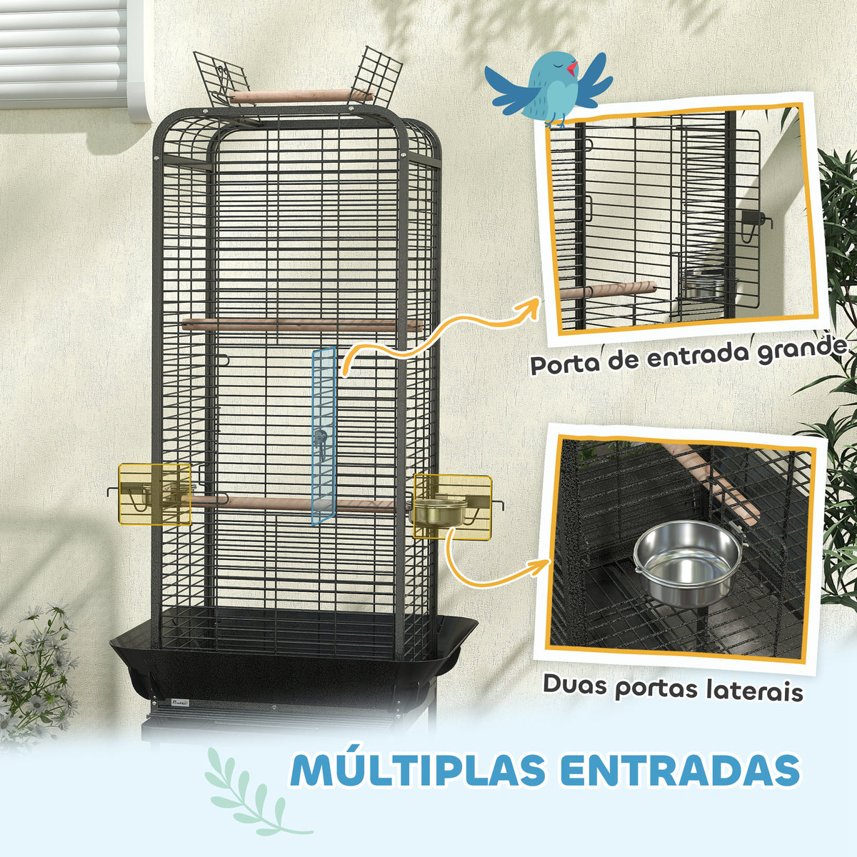 Gaiola para Pássaros Gaiola para Papagaios com Rodas Poleiros Comedouros Prateleira e Bandeja Amovível Gaiola para Cacatuas 62,5x62,5x146 cm Cinza Escuro — foto 5