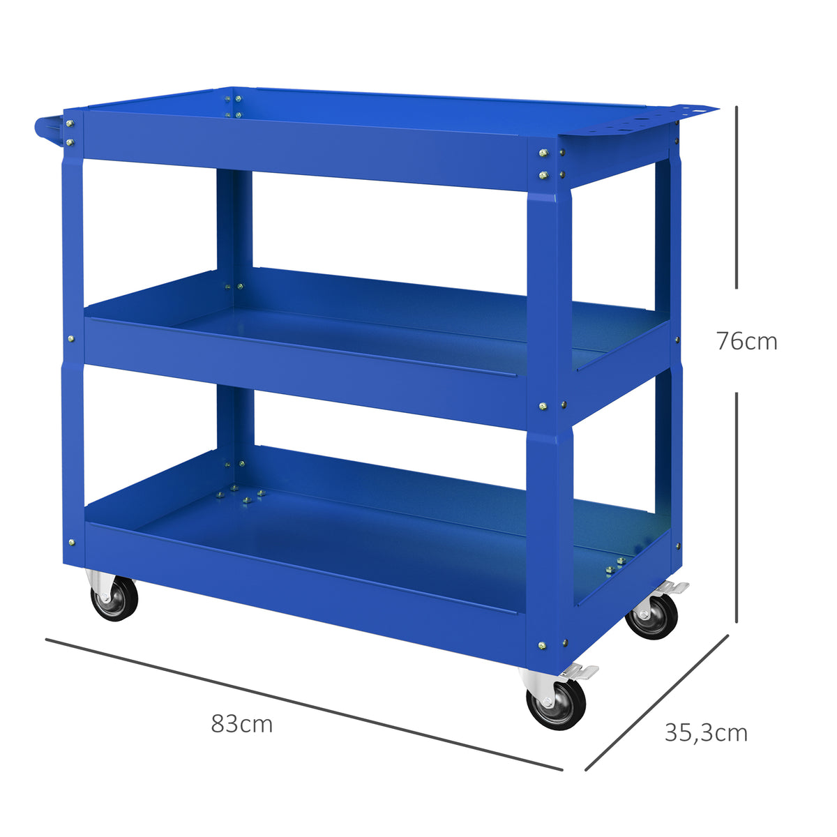 Carrinho de Ferramentas com Rodas Carro de Ferramentas de Oficina de Aço com 3 Prateleiras de Armazenamento e Alça Lateral para Garagem Oficina Carga Máxima 150kg 83x35,3x76 cm Azul — foto 3