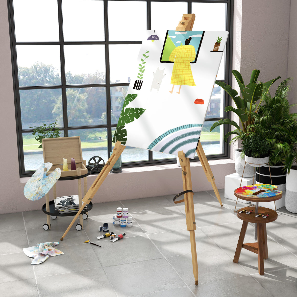 Cavalete de Pintura Dobrável Cavalete para Pintar com Altura Ajustável e Tripé de Madeira de Faia Suporta Telas de até 107 cm 93x84x183 cm Natural — foto 2