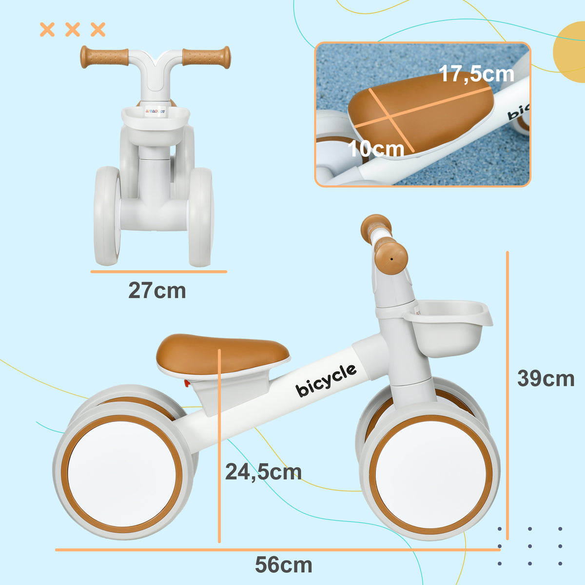 Bicicleta sem Pedais para Crianças de 12-36 Meses Bicicleta de Equilíbrio com Assento Ajustável Cesta e 4 Rodas Silenciosas Carga 20 kg 56x27x39 cm Marrom — foto 3