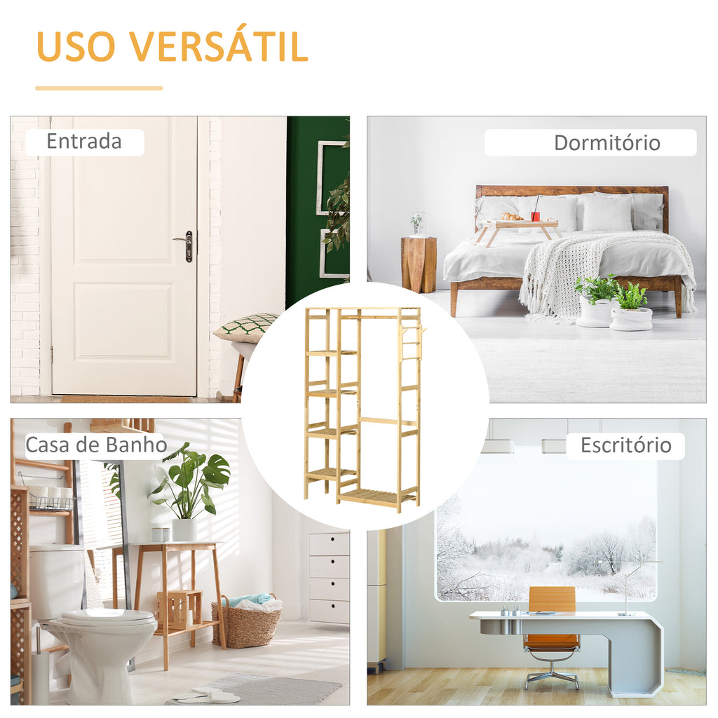 Suporte para Cabides de Bambu Cabideiro com Prateleiras de 4 Níveis com Barra Prateleira Inferior e Cabide Lateral para Roupas Bolsas 90x30x155cm Madeira — foto 6