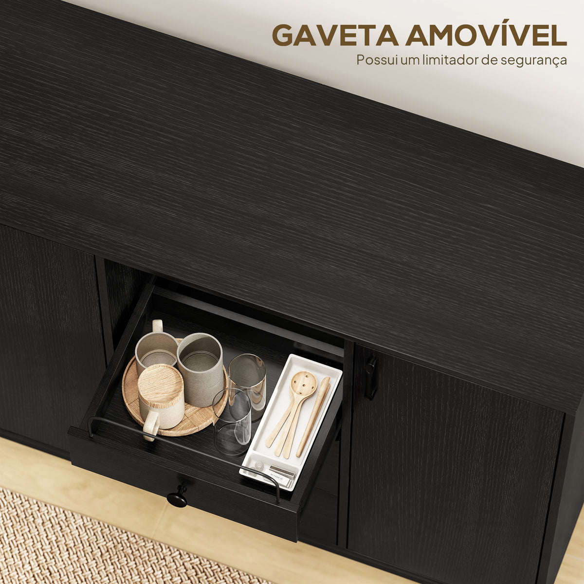 Aparador com 3 Portas e 3 Gavetas Prateleiras Ajustáveis para Cozinha Entrada Sala de Jantar Quarto 143,5x40x90 cm Preto — foto 5