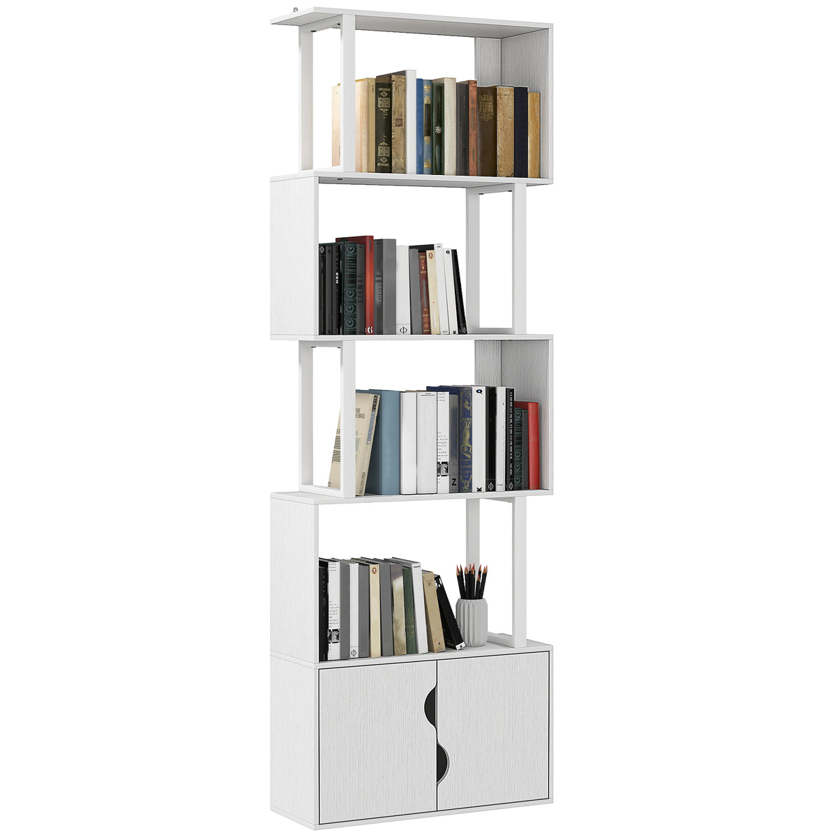Estante de 5 Níveis em Forma de S Estante de Livros com 5 Prateleiras e 2 Portas para Sala de Estar Escritório Estúdio Dormitório 60x23,8x179,2 cm Branco — foto 1