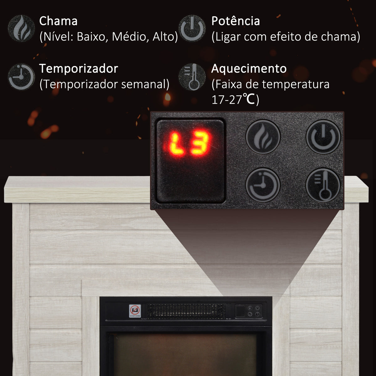 Lareira Elétrica 1800W Lareira Decorativa com Efeito de Chama Realista Controlo Remoto Temporizador Semanal Proteção Contra Sobreaquecimento para Ambientes de 30 m² 96,5x22x81,7 cm Madeira Clara — foto 5