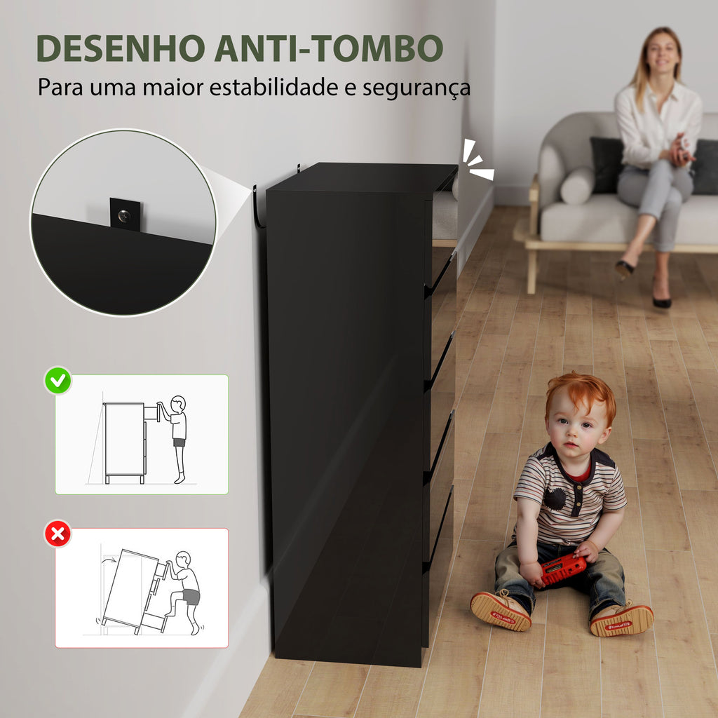 Cómoda com 5 Gavetas de Madeira Cómoda de Dormitório Cómoda Preta para Sala de Estar Estilo Moderno 55x34x100 cm Preto — foto 6