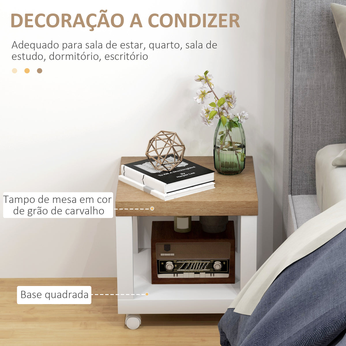 Mesa Auxiliar com Rodas Mesa Auxiliar com Prateleira Aberta para Sofá Dormitório 40x40x40 cm Branco e Madeira — foto 4