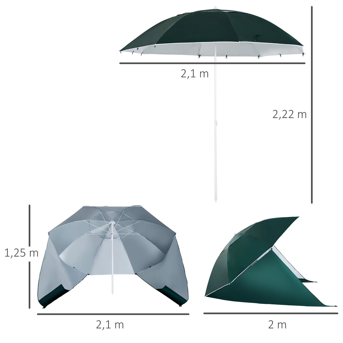 Chapéu de Sol de Praia com Painéis Laterais Tipo Tenda Chapéu de Sol para Praia com Proteção UV Φ210x222cm Verde Escuro — foto 3