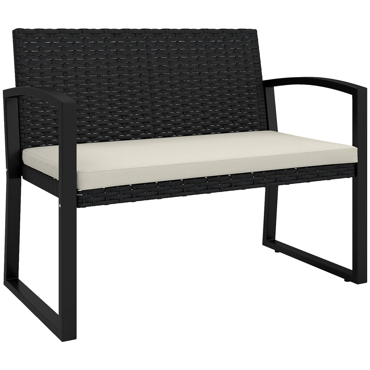 Banco de Jardim em Vime Sintético de 2 Lugares Banco de Exterior com Almofada Apoio para os Braços Carga 240 kg para Varanda Pátio 103x58x78 cm Preto e Bege — foto 1