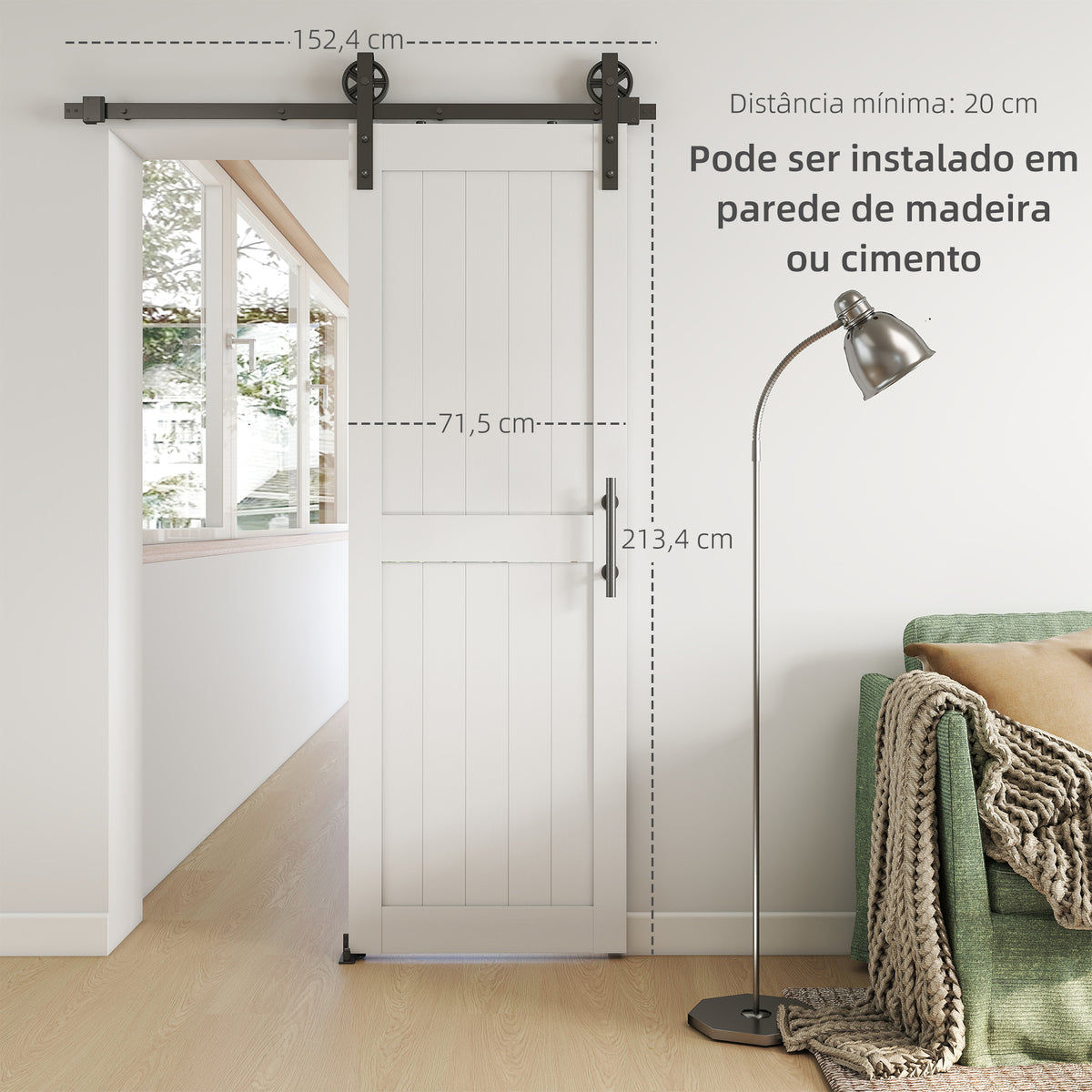 Porta de Correr Celeiro com Ferragens Porta Corredera de Interior com Puxador Rolo e Guia de Chão para Casa de Banho Sala de Estar 71,5x213,4 cm Branco — foto 5