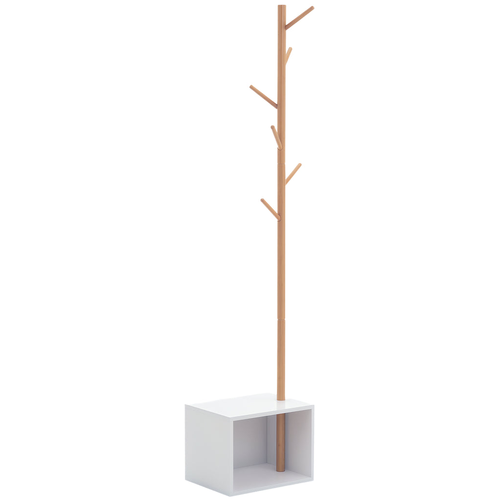 Cabide de Pé com Sapateira Cabide Tipo Árvore Moderno 6 Ganchos para Pendurar Roupa Malas Banco com Arrumação Corredor de Entrada Bambu 40x30x180cm — foto 1