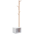 Cabide de Pé com Sapateira Cabide Tipo Árvore Moderno 6 Ganchos para Pendurar Roupa Malas Banco com Arrumação Corredor de Entrada Bambu 40x30x180cm — foto 1